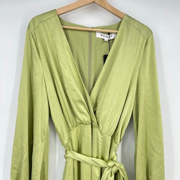 ELLIATT | Kai Maxi Dress in Avocado Green Satin Surplice Balloon Sleeve L - Picture 7 of 16